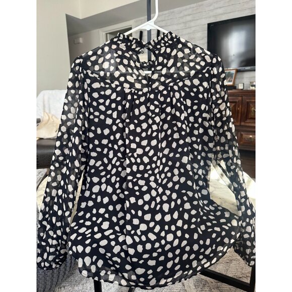 ANN TAYLOR LOFT Black Sheer Polka Dot Lined Mock Neck Blouse Womens Size S - Picture 2 of 6